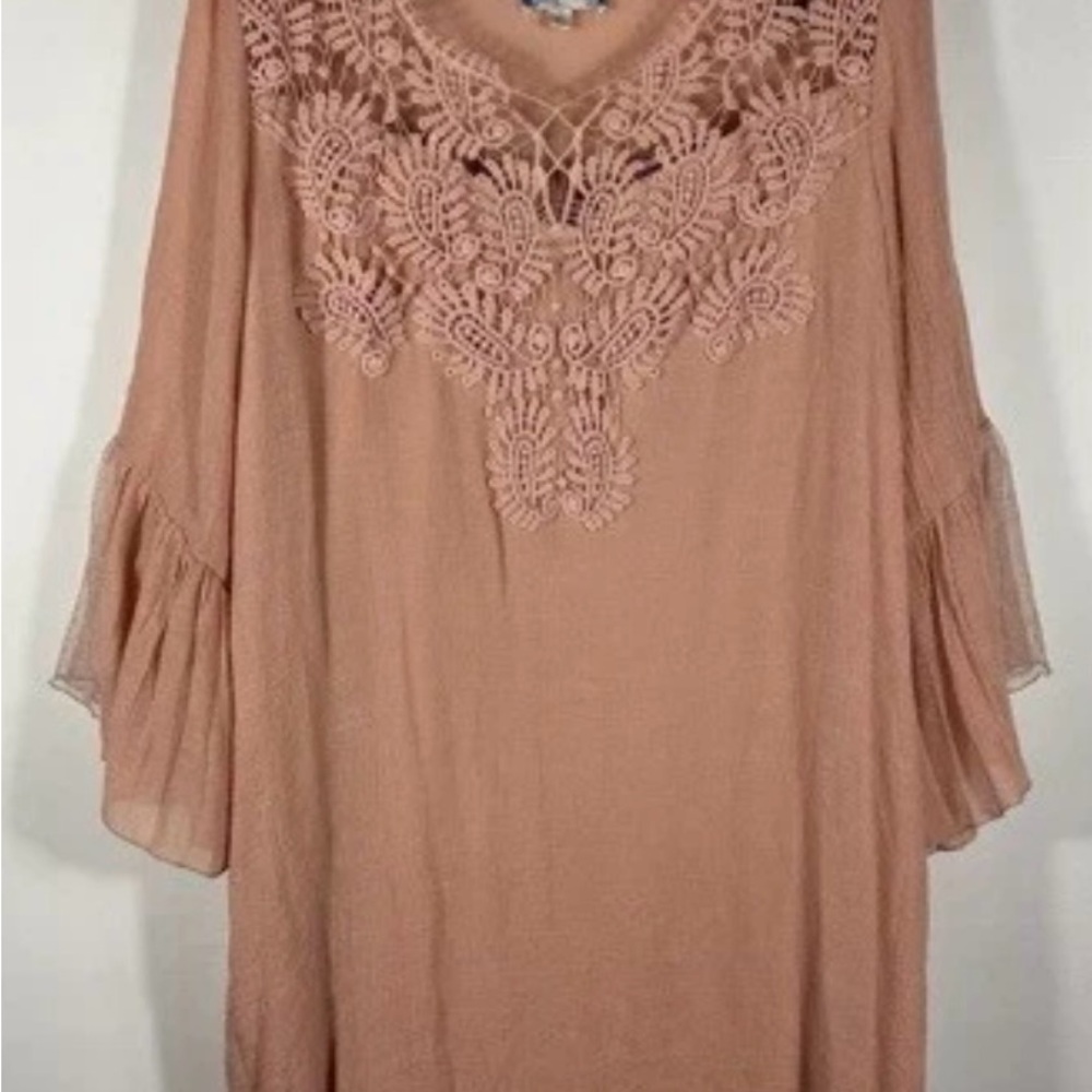 J GEE. Dress Women’s Peach Flounce Sleeves W/ Lace Crochet Neckline XL   $14.00